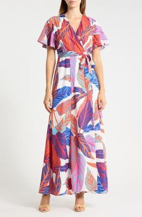 Hutch Flutter Sleeve Maxi Wrap Dress in Wild Sunset Tropical at Nordstrom Rack, Size X-Small
