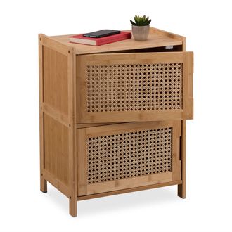 Relaxdays Relaxdays Armario Bajo Con 2 Puertas Rat&aacute;n, Mueble Sal&oacute;n O Dormitorio, 56x42x30 Cm, 2 Cajones, Mesita De Noche, Natural