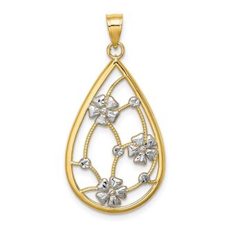 Diamond2Deal 14k Yellow Gold White Rhodium Flowers In Teardrop Frame Charm