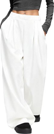 Generic Trousers for Women UK Casual Wide Leg Pleated Trousers with Pockets Solid Color Elastic Waist Pants Loose Lightweight Breathable Daily Wear Going Out 