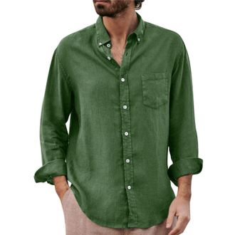 Generic Mens Casual Long Sleeve Button Down Shirt - Lapel Dress Style, Vintage Washed Finish, Wrinkle-Free Fabric, Fashion Top with Chest Pocket Green
