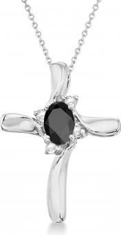 Allurez Black Onyx & Diamond Cross Necklace Pendant 14k White Gold (0.50ct)