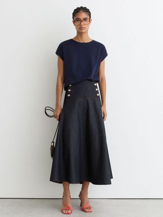 Reiss Dark Blue Petite Button-detail Denim Midi Skirt, 16