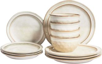 Beliani Set di 16 pezzi di stoviglie lavorato a mano porcellana beige chiaro Sesamo