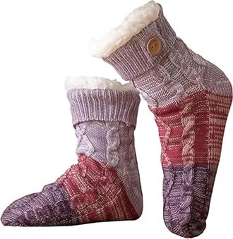 Generic Knitted Ultra-Thick Slipper Home Socks, Knit Patchwork Non-Slip Warm Winter Christmas Socks Cozy Fuzzy Fleece-lined (Purple,One Size)