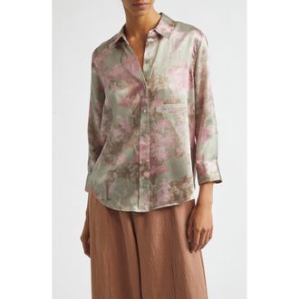 L'agence Dani Floral Three-Quarter Sleeve Silk Button-Up Shirt in Light Stone Grey Multi Garden at Nordstrom, Size Xx-Small
