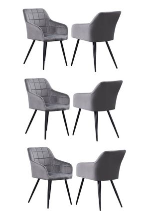 Life Interiors Set of 6 Camden Modern Velvet Dining Chairs with Armrests, Quilted Design & Black Metal Legs in Dark Grey