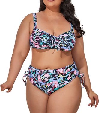 Generic Women Plus Size Swimsuits 2 Piece Twist Front Polka Dot Printed Bikini Sets Deep V Push Up Padded Vintage Bikinis Swimwear Ladies Beachwear Tankini