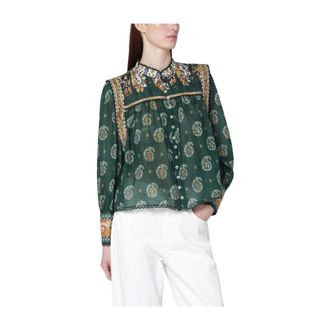 Farm Rio FARM Rio, Shirts, female, Green, Size: XS Tayla Lace Buttoned Puff Sleeve Blouse
