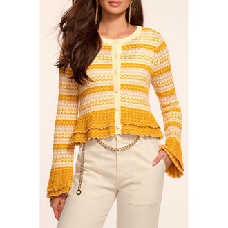 Ramy Brook Brit Metallic Stripe Flounce Detail Cotton Blend Cardigan in Marigold Combo Stripe at Nordstrom, Size Xx-Small