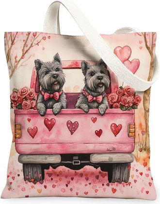 Generic Valentines Day Scottish Terrier Dog Canvas Tote Bag for Shopping 13x15, Fun Truck Puppy Reusable Grocery Print Pattern Bag for Women, Couple Beach Aes