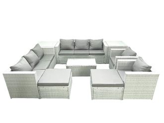 Fimous Outdoor Rattan Sofa Garden Furniture Set with 2 Armchairs Oblong Coffee Table 2 Big Footstools 2 Side Tables Light Grey Mixed
