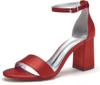 Generic Wedding Bridal Shoes Womens Heeled Sandals Chunky Heels Satin Bridal Dress Wedding High Heels Shoes 8Cm,red,10 UK