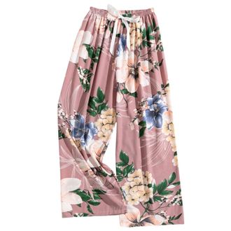 Generic Womens Pajama Bottoms Drawstring Elastic Waist Cropped Trousers Floral Printed Wide Leg Lounge Pants Casual Loose Fit Comfortable Sleep Pants for All 