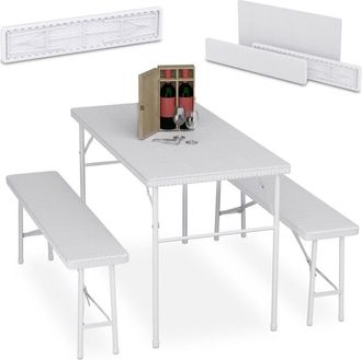 Relaxdays Relaxdays - Folding Garden Furniture Set of 3, Garden Table & Two Benches, Parties, Camping, hwd: 73 x 120 x 61 cm, White