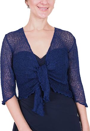 Mimosa Ladies Crochet Shrug Bolero Glitter or Plain Super Stretchy Lace Fish Net Tie at Waist Bolero Open Cardigan Fits UK 6-28 Midnight Blue