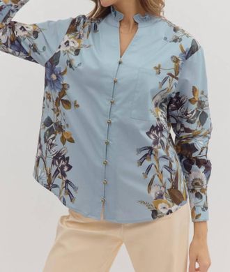 Entro Floral Button Down Blouse In Blue