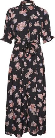 Kaffe Zwarte Diepe Maxi Jurk met Pofmouwen - Dames - Shirt Kleedjes - Veelkleurig - 3XL - Satijn - Kleedjes
