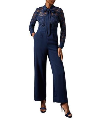 Coast Lace Tie Neck Jumpsuit in Navy at Nordstrom, Size 14