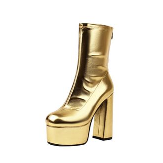 Generic Womens Ankle Boots Shiny PU Leather Thick Platform Chunky Block Heels Side Zip Comfortable Bold Fashion Footwear for Evening Parties Night Out,Gold,9.