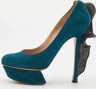 Nicholas Kirkwood Teal Blue/black Suede And Ruffle Fabric Platform Pumps