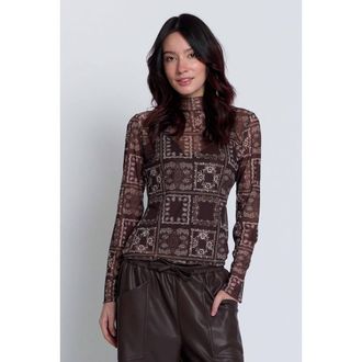 Central Park West Wren Sheer Bandana Print Turtleneck Top in Chocolate Combo at Nordstrom, Size X-Small