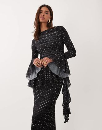 Asos Vestito lungo in rete a pois con arricciature e volant-Nero