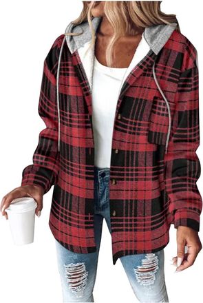 Generic Keepink Winter Jackets for Women UK Ladies Hooded Tweed Coat Checked Flannel Plaid Shacket Thick Lined Fleece Sweatshirt Button Front Cardigans Winter