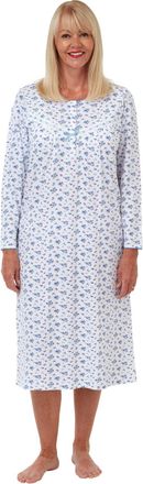 Marlon Womens Jessica Nightie - Classic Long Sleeve Jersey Nightdress For Cosy All-Year Comfort & Easy Dressing with Short Buttoned Opening, Blue (Blue 001),