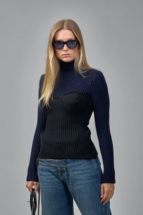Jean Paul Gaultier Stretch Merino Wool Ribbed High Neck Sweater