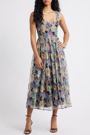 Lulus Logan Floral Square Neck Midi Dress in Grey Multi at Nordstrom, Size X-Large