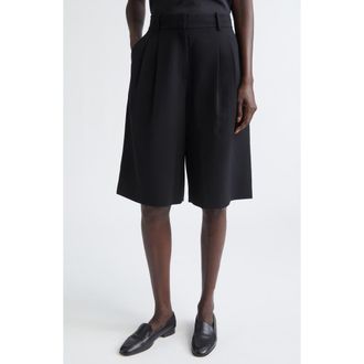Lafayette 148 New York Sutton Pleated Finesse Crepe Wide Leg Shorts in Black at Nordstrom, Size 16