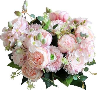 Elle Ramo De Rosas Y Peon&iacute;as Artificiales De Seda - 2 Piezas - Resistente A Los Rayos Uv - Decoraci&oacute;n Para Bodas Y Fiestas