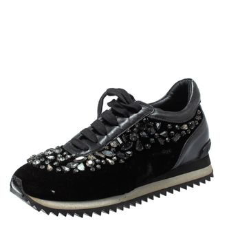 Le Silla Black Velvet And Leather Crystal Embellished Low Top Sneakers
