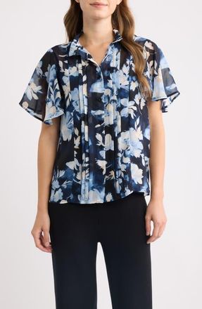 Anne Klein Pleated Floral Stand Collar Top in Dutch Blue Multi at Nordstrom, Size X-Small