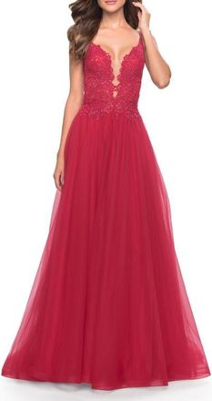 La Femme Tulle A-Line Gown with Lace Rhinestone Bodice in Red at Nordstrom, Size 16