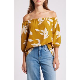 Loveappella Floral Print Off the Shoulder Top in Dijon Natural at Nordstrom, Size X-Small