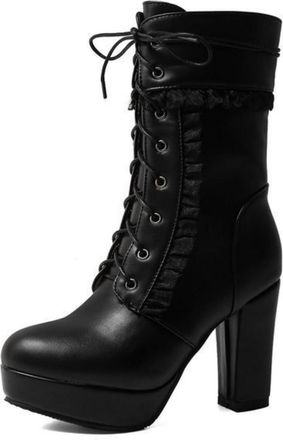 Generic Womens Lace-Up Ankle Boots with A 10 Cm Block Heel, Platform And Ruffle Trim - Elegant Round-Toe Ankle Boots for Autumn And Winter, Ideal for Outdoor 