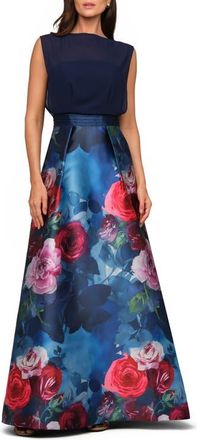 Kay Unger Eileen Sleeveless Mixed Media Gown in Ink Blue Multi at Nordstrom, Size 18