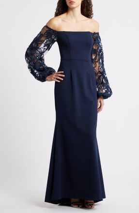 Eliza J Sequin Balloon Long Sleeve Off the Shoulder Gown in Navy at Nordstrom, Size 10