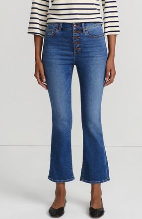 Lands End High Rise Denim Button Front Kick Flare Crop Jeans in Indigo Tide Blue at Nordstrom, Size 24W