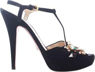 Prada Black suede crystal embellished peep toe heeled sandals Size 39