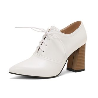 Generic Women Pointed Toe Oxfords Lace Up Chunky Ribbed Block Heel Contrast Laces Stitched Panel Narrow Toe Cap Non Slip Durable Comfortable Daily Shoes,White