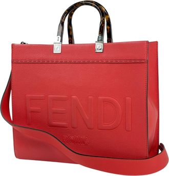 Fendi Red Color Leather Handbag Shoulder Bag Tote Bag (Pre-Owned)