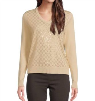 Elliott Lauren Pop Top Long Sleeve V-Neck Sweater In Almond