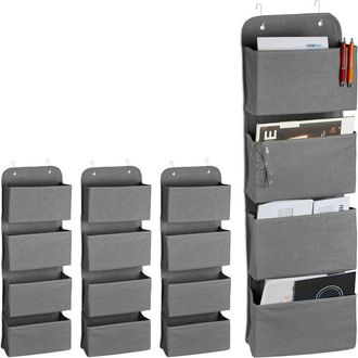 Relaxdays Relaxdays - Set 4 Organizadores Colgantes 4 Bolsillos, Estante Almacenaje, Ganchos para Colgar, Pared, Puerta, Baño, Oficina, Gris