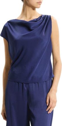 Theory Cowl Neck Single Short Sleeve Satin Top in Sapphire Navy at Nordstrom, Size X-Large