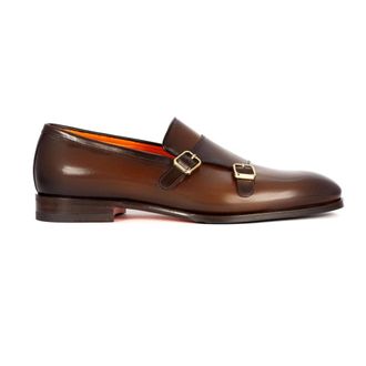 Santoni Loafers, male, Brown, Size: 11 US Brown Leather Double-Buckle Flat Shoes