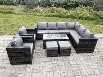 Fimous 10 Seater Rattan Corner Sofa Lounge Sofa Set With Rectangular Coffee Table 2 Stool Right Hand in Dark Grey