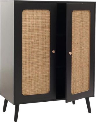 Hhg Nunca usado] Highboard HHG 209, cómoda mueble aparador, compartimentos de almacenaje, madera de ratán Kubu 106x80x41cm, negro